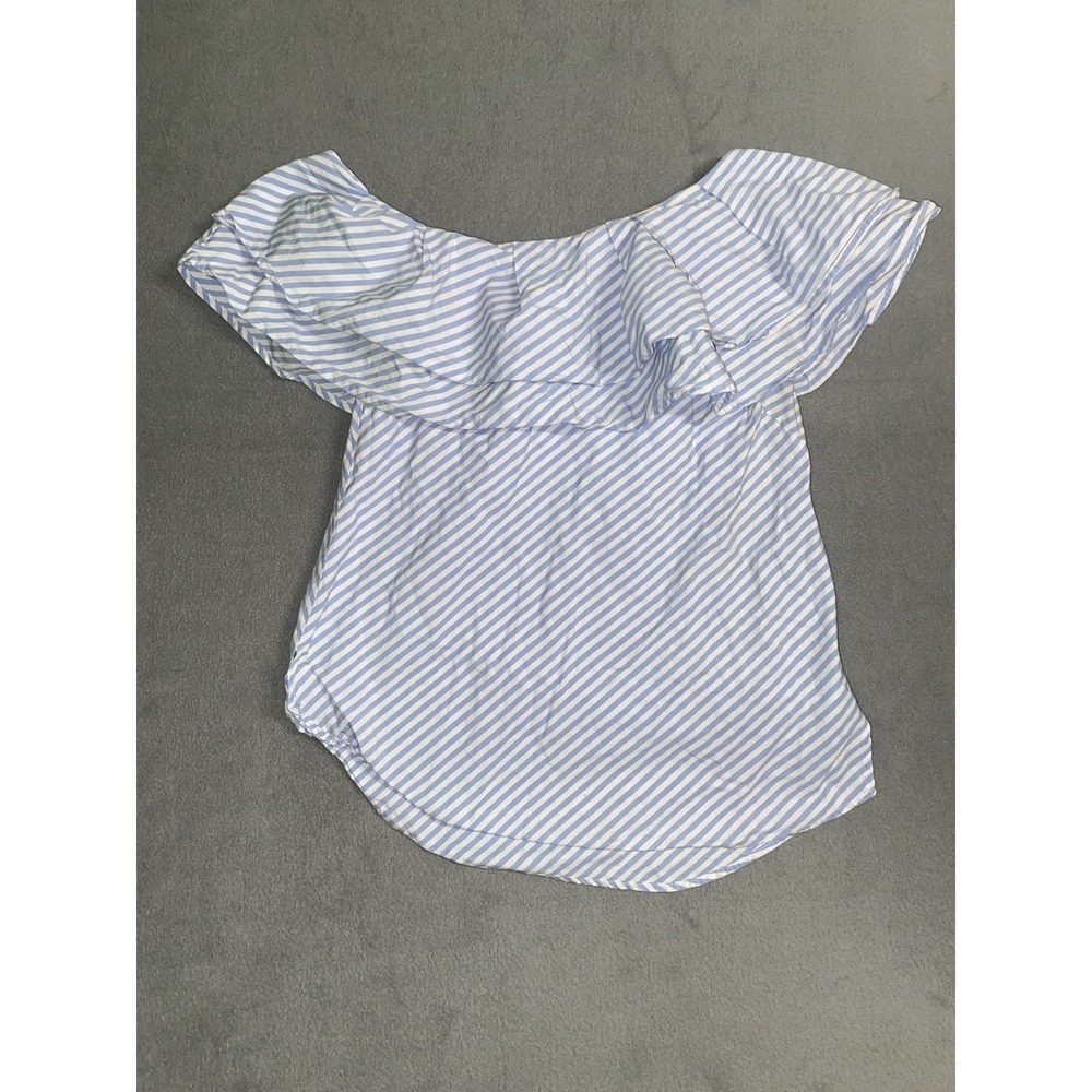 Dance & Marvel Off The Shoulder Large Ruffle Blue/ White Striped Blouse Small
